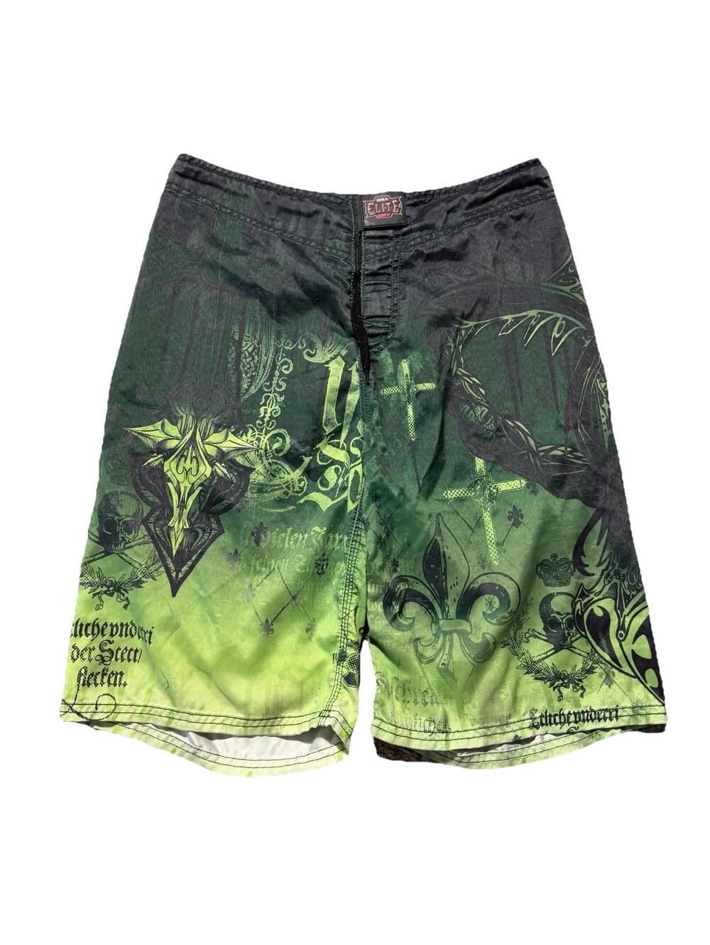 MMA Elite Y2K Men’s Board Shorts Skull Cross Graphic Green Grunge Size Small